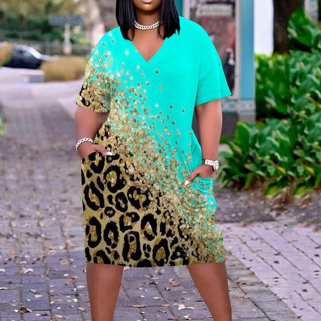 Robes pour Femmes 2024 Été Robe Oversize pour Col en V Décontractée Robes d'Été Poche Genou Manches Courtes avec Poches Rabais de 50 % Liquidation!