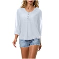 thumbnail image 3 of BRGZLK Women's 3/4 Sleeve Solid Color Summer Gauzy Tops Trendy Button Decoration Henley Shirts Classy Cruise Going Out Outfits, 3 of 6