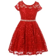 Big Girl Cap Sleeve Floral Lace Glitter Pearl Holiday Party Flower Girl Dress Red 14 JKS 2102 BNY Corner
