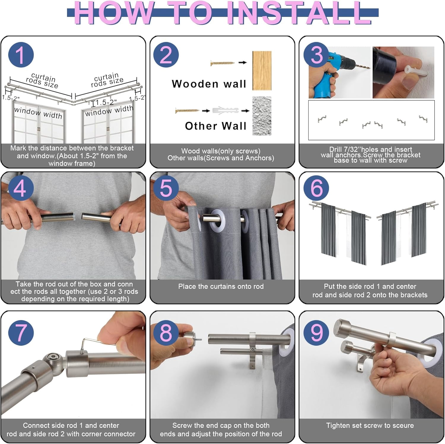Brushed Nickel Double Corner Window Curtain Rods with Aluminum End Cap Finials and Brackets,1 Inch Diameter Dual Bay Window Curtain Rods, Adjustable 2 Sided 32-58" and 32-86 Center Double Rod