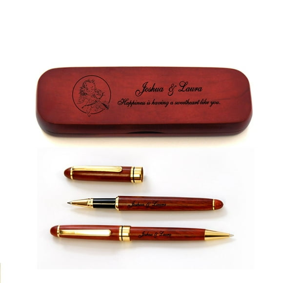 Étui en Bois de Rose Personnalisé et Deux Stylos pour la Saint-Valentin