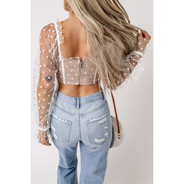 ABPHQTO Top corto de manga larga con volantes y malla de lunares color albaricoque para mujer
