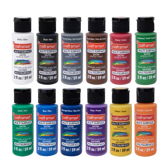 Craft Smart Basic Colors Premium Satin Acrylic Paint Set - Assorted Multi-Surface Colors, Bakeable for Dishwasher-Safe Finish, 6 Pack