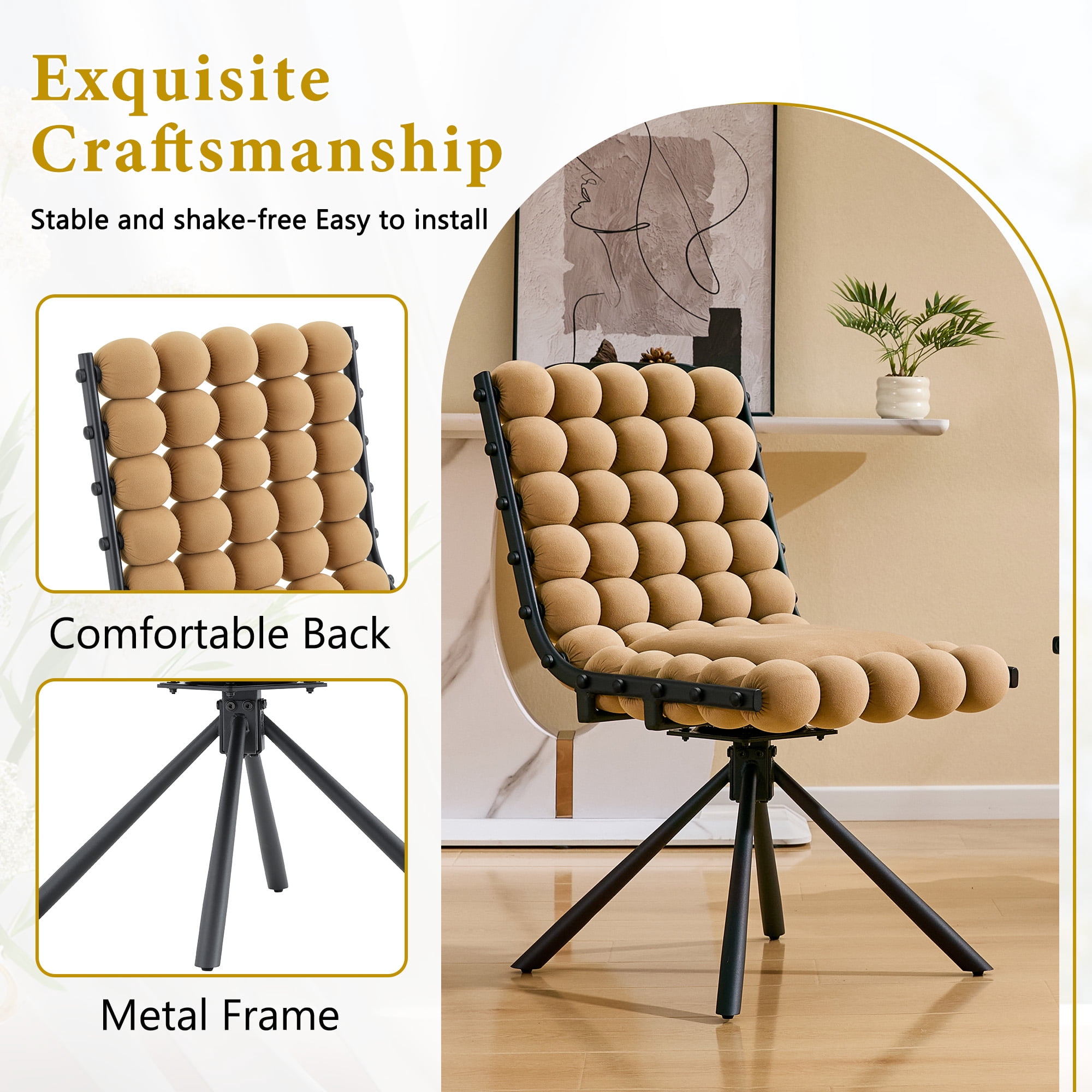 Aukfa Velvet Swivel Dining Chairs Set of 2, Modern Bubble Tufted Kitchen Side Chairs, Black Metal Legs,Camel