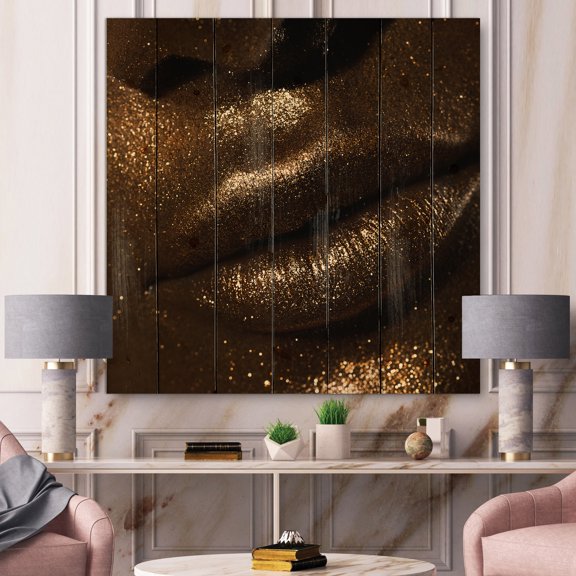Designart 'Girl Lips With Glitter and Spangle' Modern Print on Natural Pine Wood