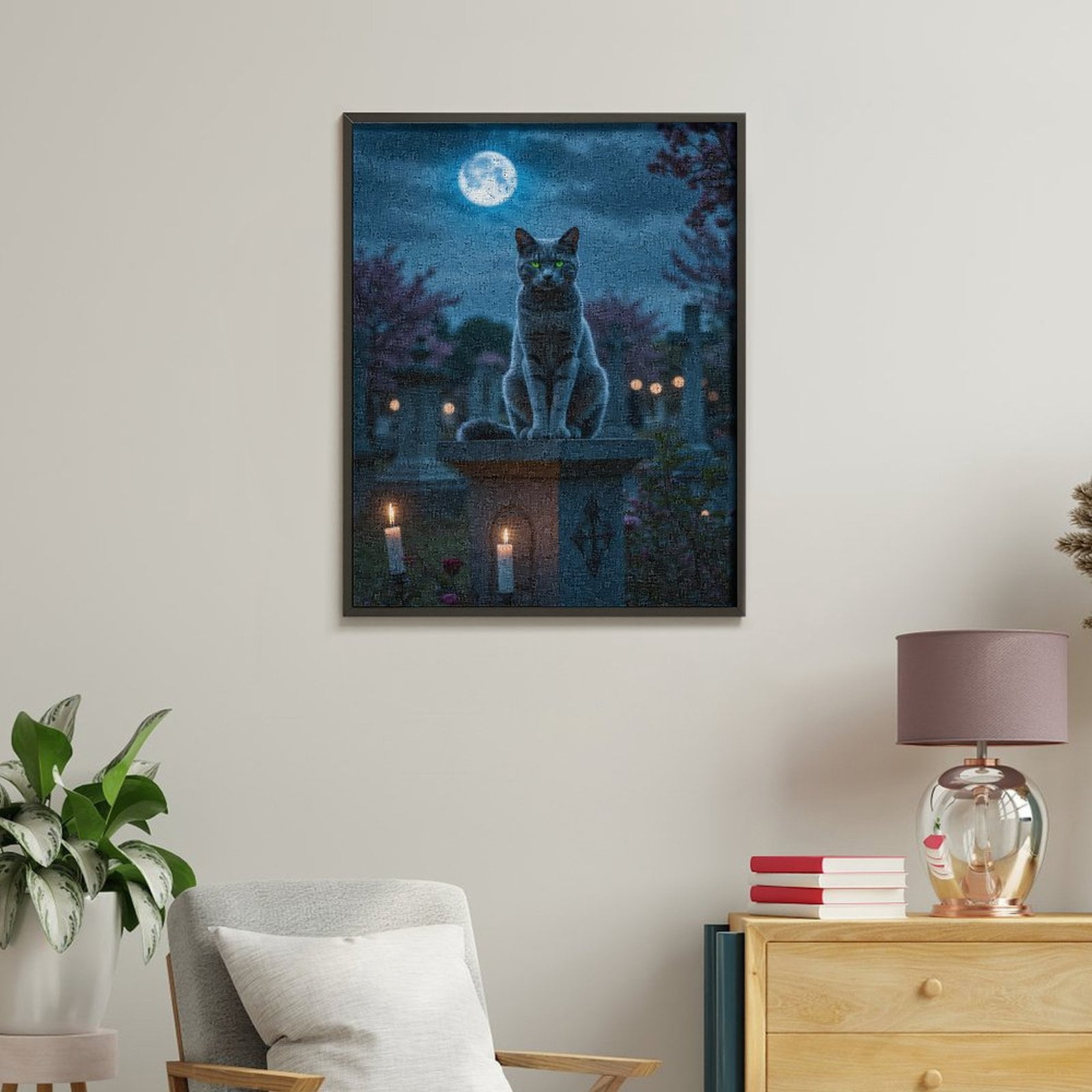 Paint By Numbers Kit for Adults Beginner - DIY Cat Moonlight Cemetery Candles Canvas Painting Kits for Adults, Frameless Paint By Number for Adults for Home Wall Decor 16x20 Inch