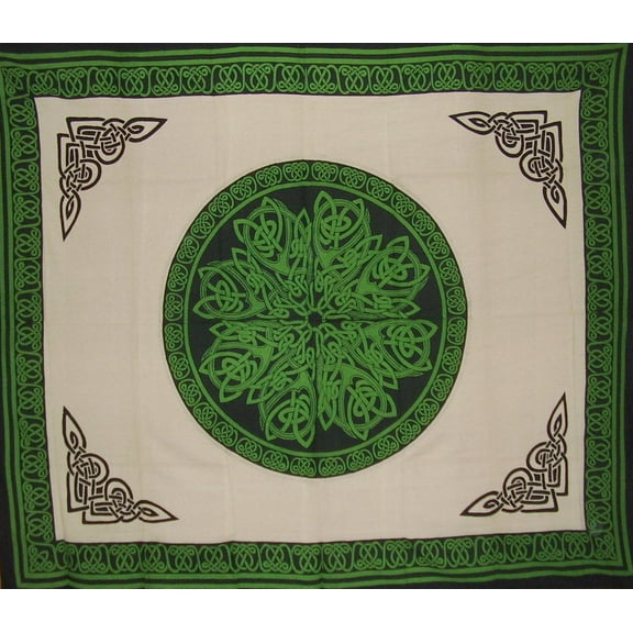 Celtic Circle Tapestry Cotton Bedspread 108" x 88" Full-Queen Green