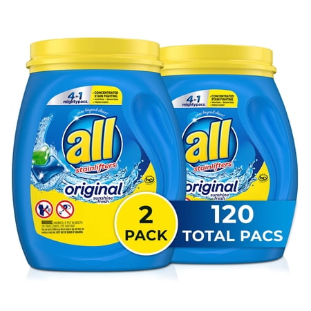 all Original Mighty Pacs Laundry Detergent, 4 in 1 Stainlifter, 60 Count, Pack of 2 Tubs, 120 Total Loads