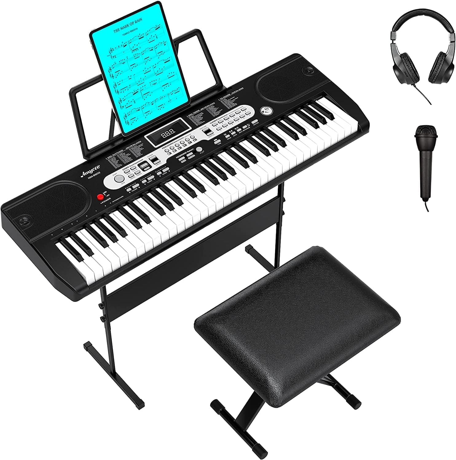 Complete 61‑Key Portable Electronic Keyboard Set – LCD Screen, 200 Voices & Rhythms – Includes Stand, Stool, Headphones, Microphone, Music Holder, Note Stickers, Carrying Bag – For Beginners & Kids