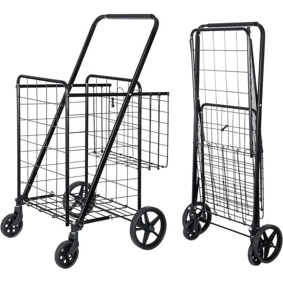 Utility Folding Shopping Cart,Durable Folding Design with Wheels and Double Basket Easy Storage for Groceries Laundry Book Luggage Travel, Black