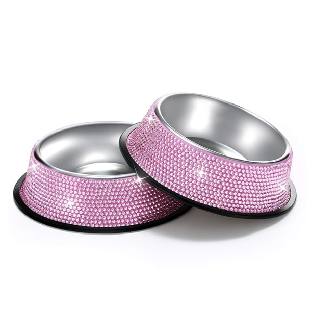 Savori Bling Dog Bowls Rosa 640Ml Hecho A Mano Con Diamantes De Imitación Bling Cuencos Para Mascotas De Acero Inoxidable Alimentador De Agua Doble Para Cachorros, Gatos Y Perros - Juego De 2