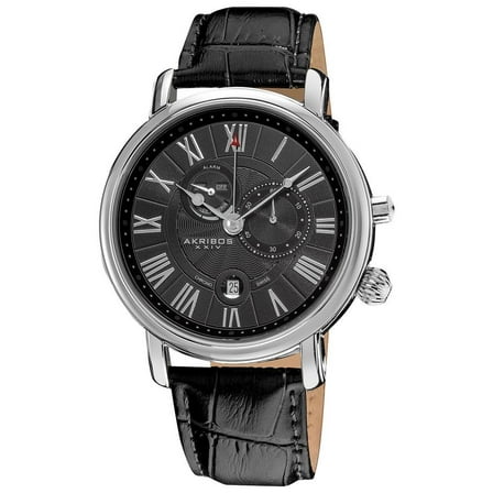 Akribos XXIV AK593BK Swiss Quartz Multi-Function Leather Strap Mens Watch