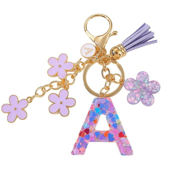 Gierzijia Purple Sequins A-Z Alphabet Resin Keychain, w/White Letter Pendant, Initial Letter Key Ring Accessories Bag Charms