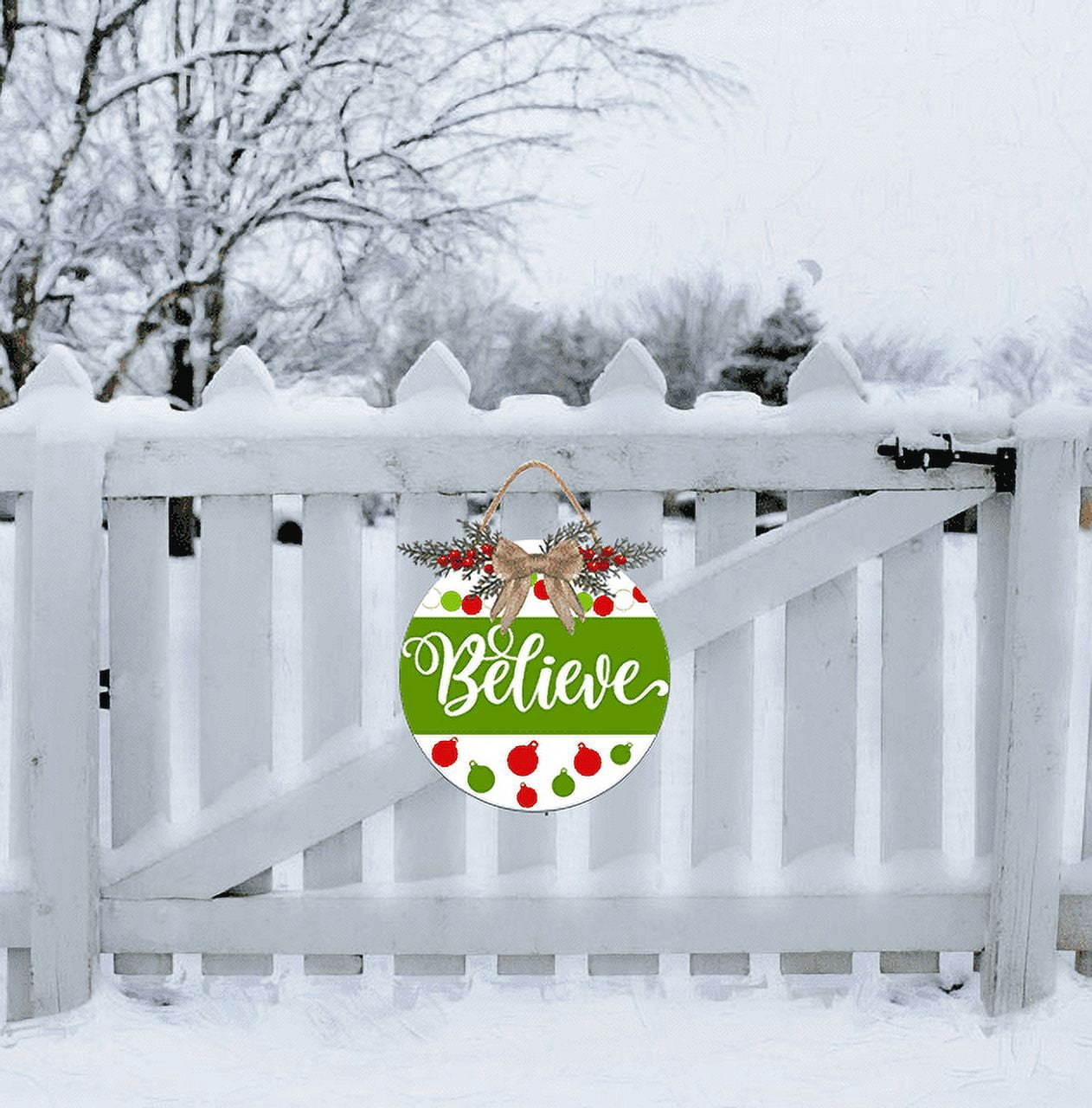 Eveokoki Believe Door Hanging Sign 12 inch Wooden Wall Sign, Rustic Holiday Wreath Decor for Front Door Porch Home Window Wall Farmhouse Decorations