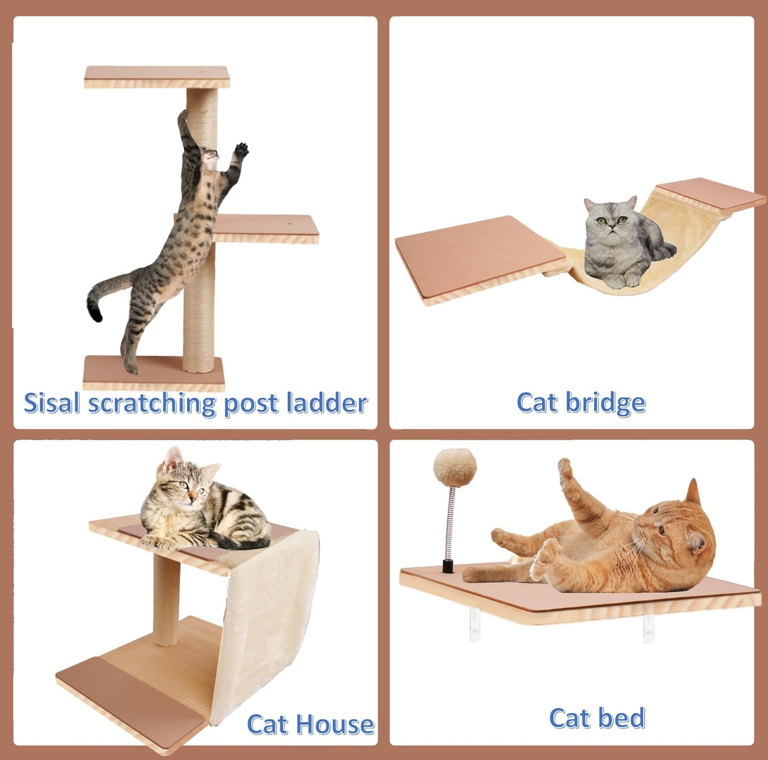 Wall Mounted  Shelves Set with Scratching Post, Hammock and Steps for Small Medium Cats - Beige Solid Wood Climbing Furniture