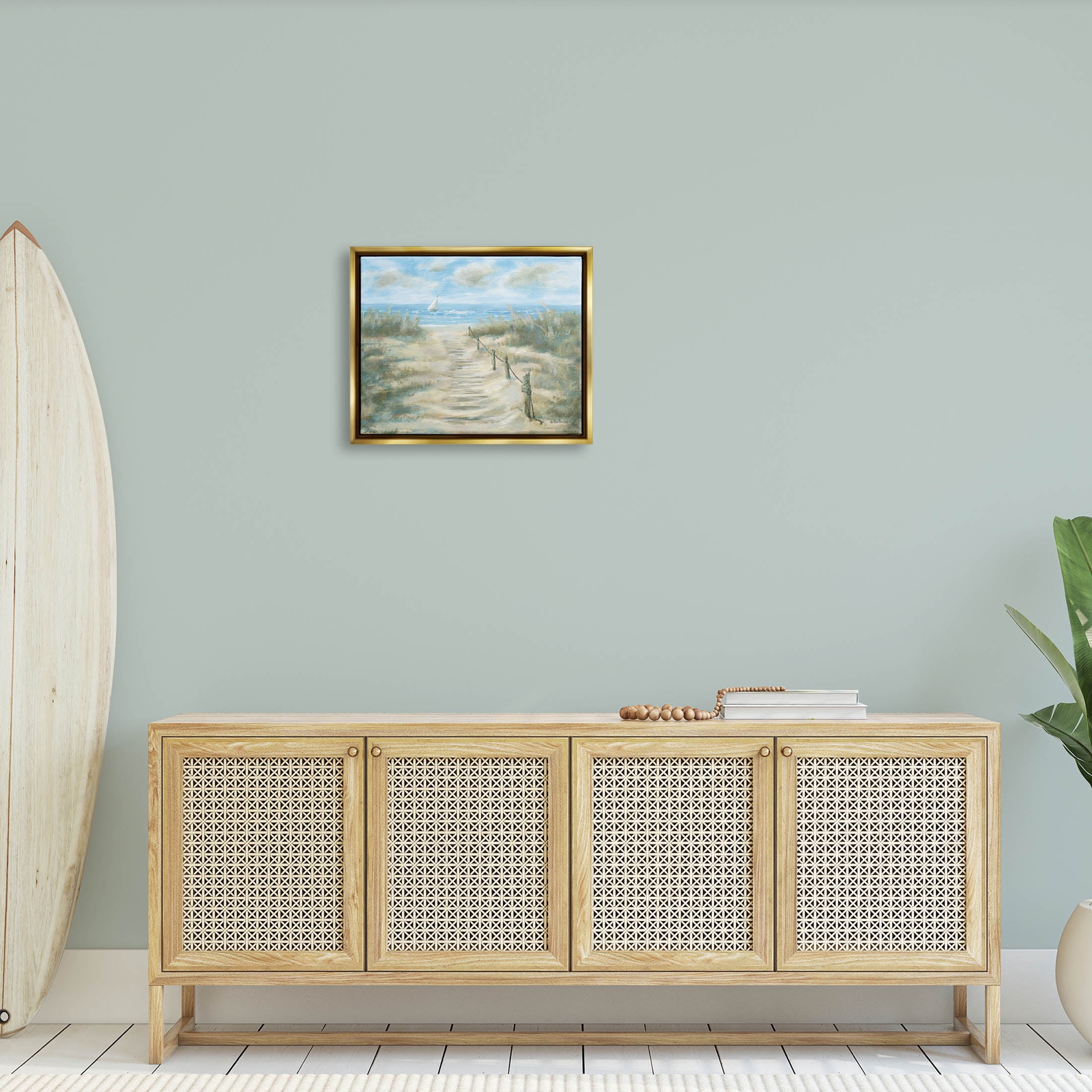 Ocean Shore Beach Boardwalk Coastal Painting Metallic Gold Framed Art Print Wall Art