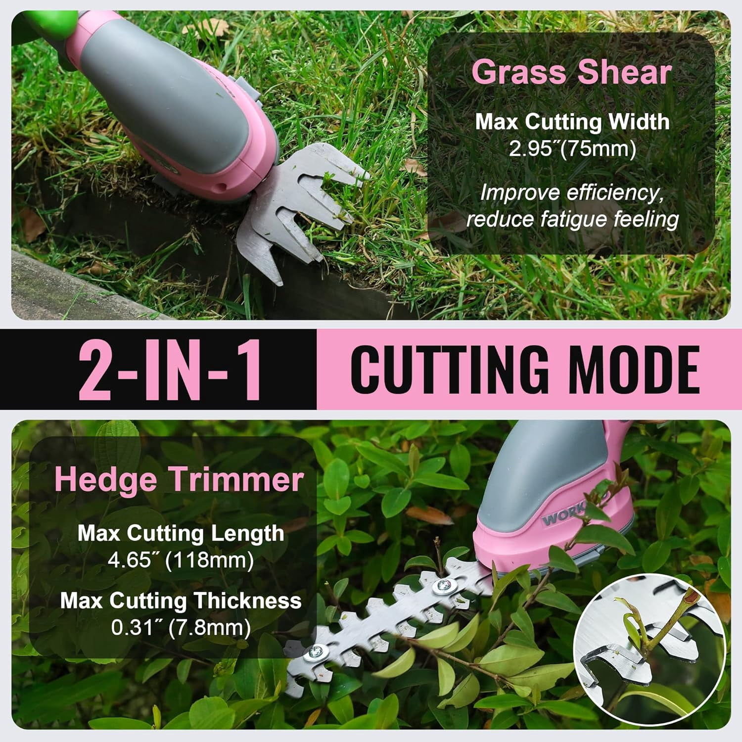 WORKPRO 2-in-1 Cordless Grass Shear & Hedge Trimmer, Rechargeable Electric Shrub Cutter, Lithium Battery, Type-C Charging, Handheld, Pink