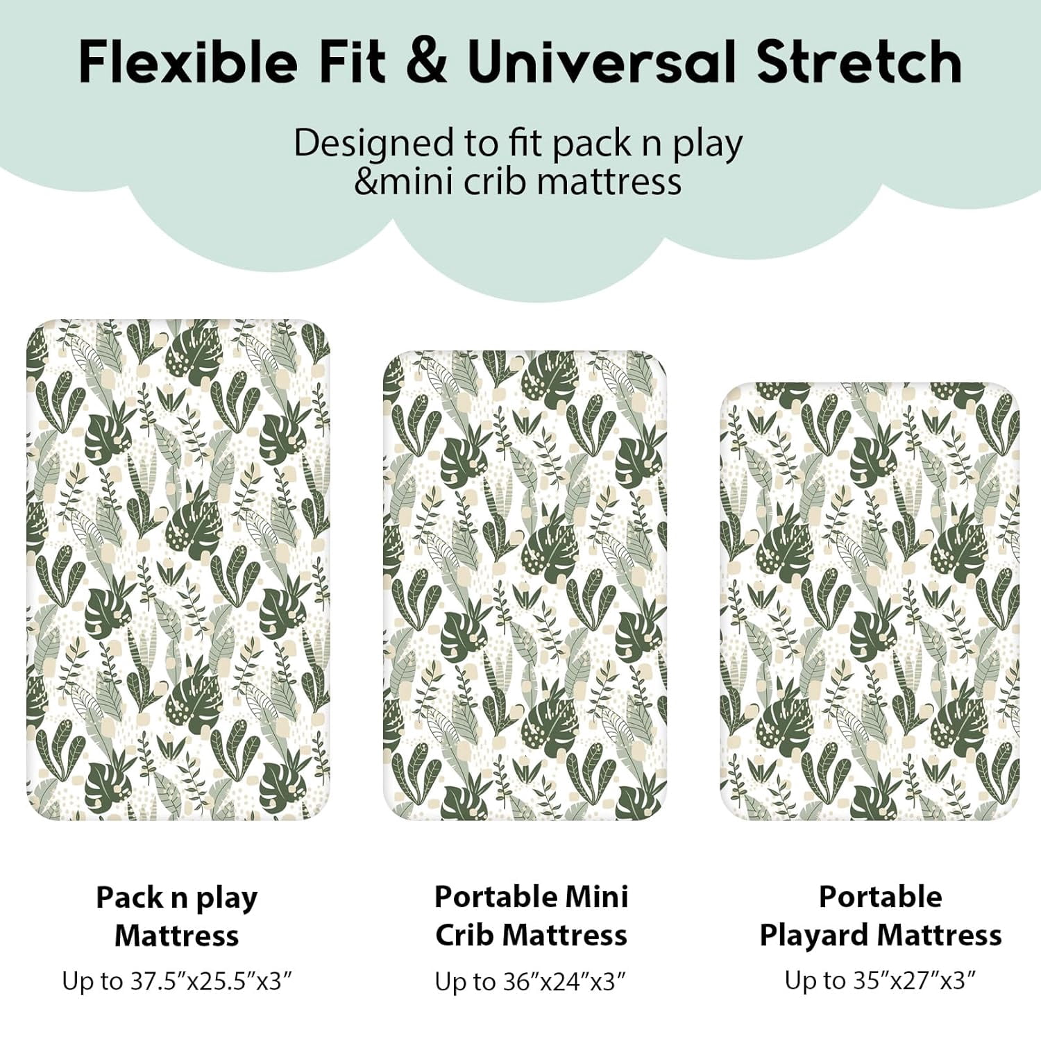 JJEAN-Pack and Play Sheets Fitted, Mini Crib Sheets 2-Pack for Pack N Play Mattress, Stretchy Playard Sheet, Soft and Breathable (Green + Banana Leaves)