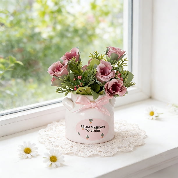 Bonsái de flores artificiales con maceta de cerámica para decoración del hogar u oficina, centro de mesa de bajo mantenimiento, estantería y decoración de escritorio