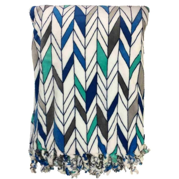 Oversized Blue White Geometric Plush Throw Blanket With Chunky Fringe Ultra Soft