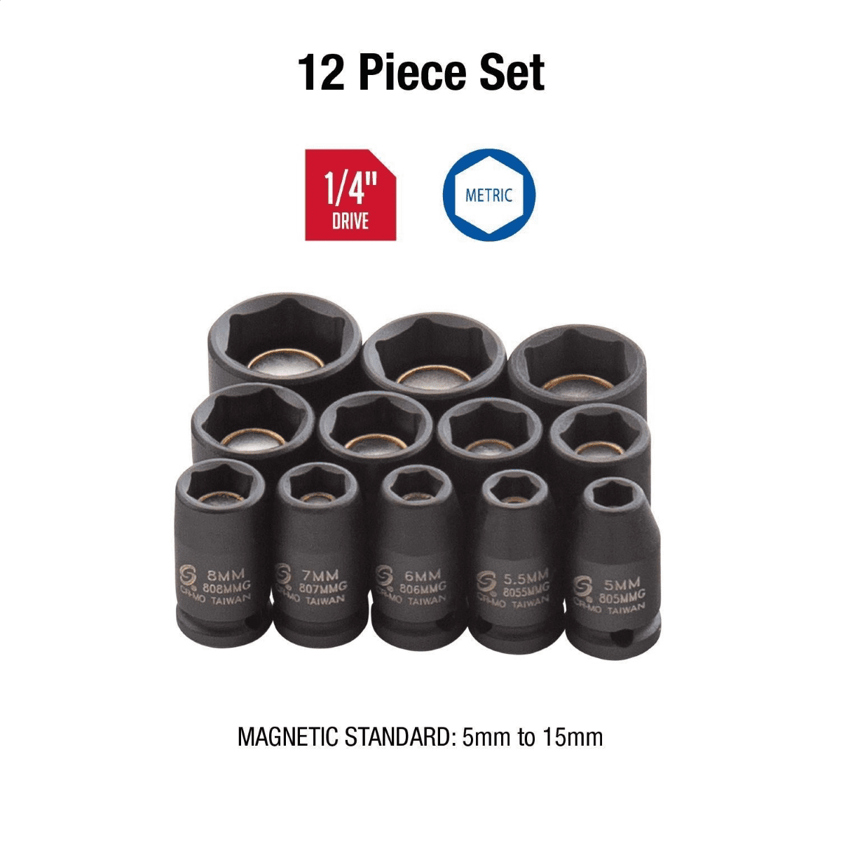 Sunex 12 Piece Magnetic Metric Impact Socket Set with Heavy Duty Blow Mold Case