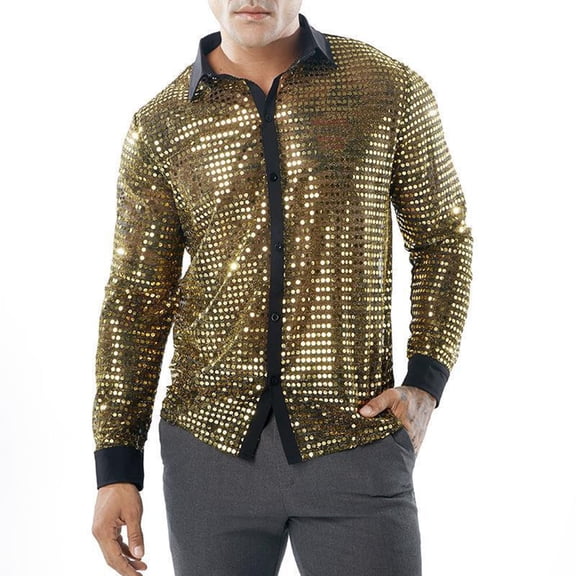 Mens Sparkly Sequin Shirt 70s Costumes Button Front Shirt Party Sheer Mesh Long Sleeve Shirt Tops (Gold,S)