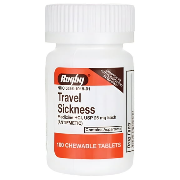 Rugby Meclizine Helps Prevent & Relieve Motion Sickness 25mg, 100 Chewable Tablets