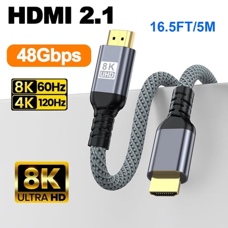 8K HDMI Cable 2.1 5M/16.5FT Ultra High Speed 48Gbps (8K@60Hz 7680x4320 4K@120Hz) Braided Cord Supports Dynamic HDR eARC DTS:X RTX 3090 Dolby Atmos Compatible with Roku TV/PS5/HDTV/Xbox/Laptop