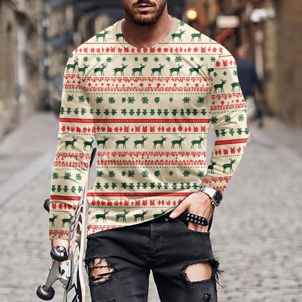 Blusas y camisas de manga larga con cuello redondo para hombre, blusa de poliéster con estampado navideño de otoño y manga larga para hombre.