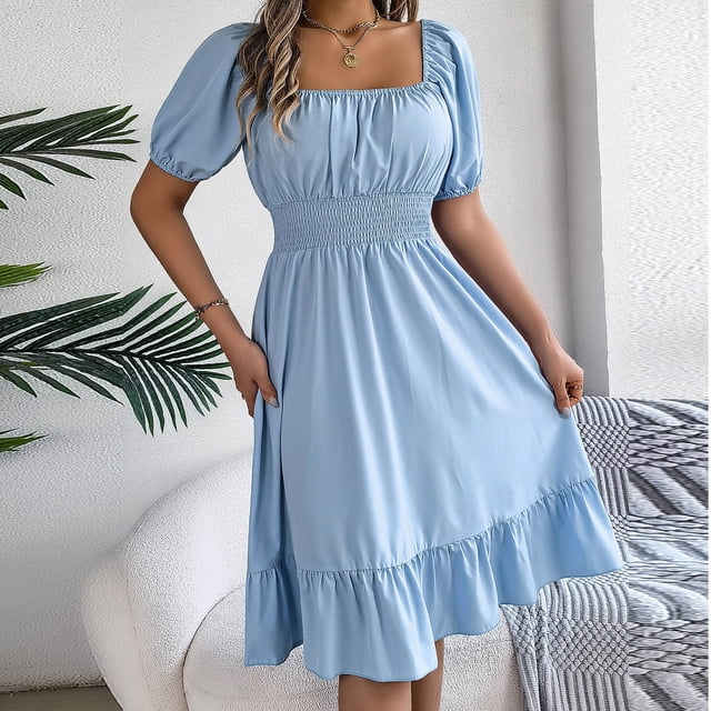 LOVZFMLL Robe d'Été Décontractée pour Femme à Manches Courtes, Taille Cintrée, Couleur Unie, Bleu Pâle, L