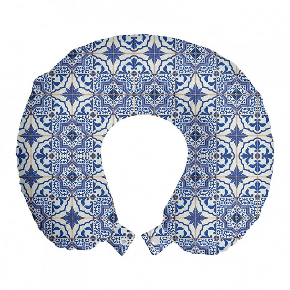 Moroccan Travel Pillow Neck Rest, Portuguese Tiles Squares Grid Style Pattern Oriental Motif, Memory Foam Traveling Accessory Airplane and Car, 12", Violet Blue Orange White, by Ambesonne