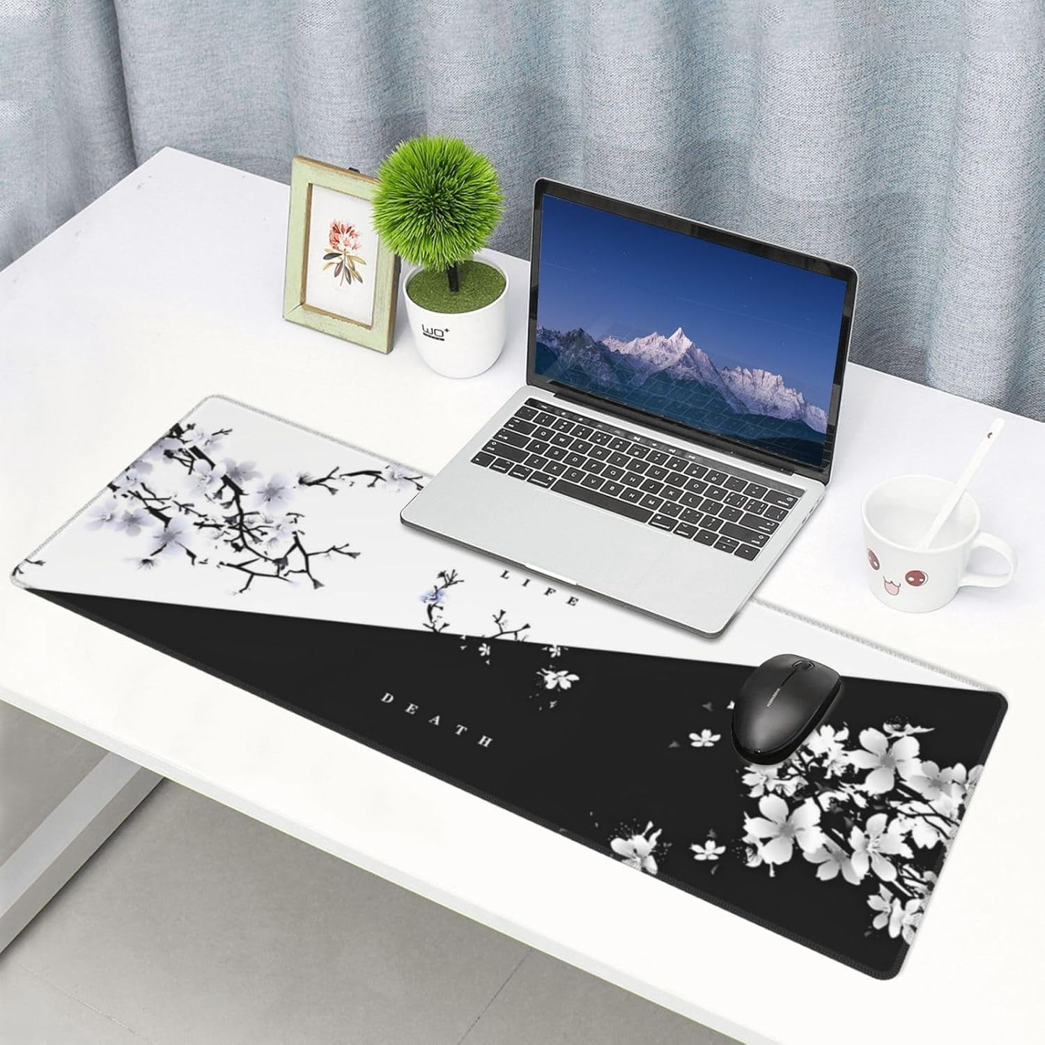 PrimeCook Shop Japanese Life Death Keyboard Mat, Black White Japanese Anime Gaming Mouse Pad for Desk with Anti-Slip Rubber Base and Stitched Edges, Japanese Sakura Pagoda Sun Mouse Pad