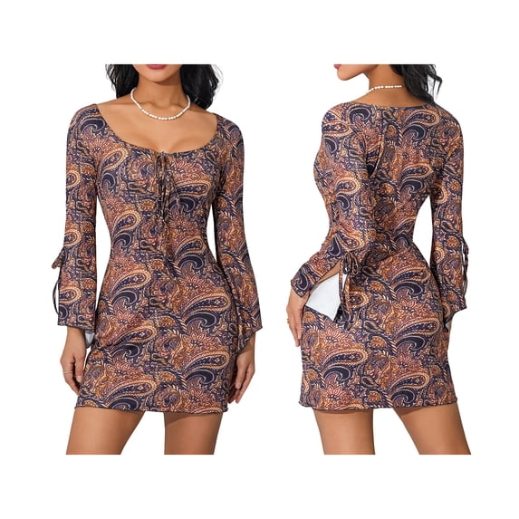 Biekopu Women's Summer Printed Retro Dress, Deep V-Neck Split 3/4 Flared Sleeves Tight Fitting Dress, Casual Daily Dress,S/M/L