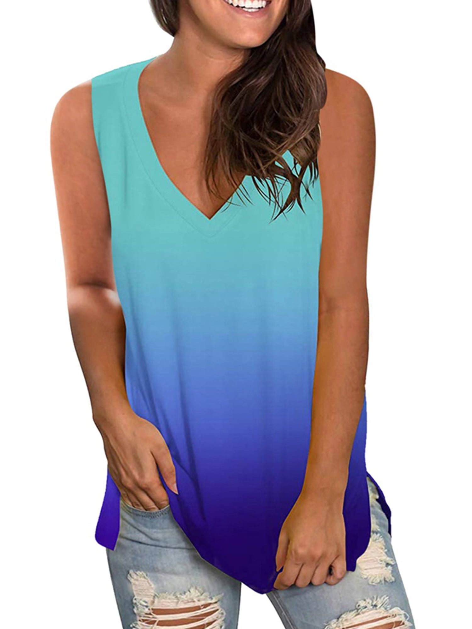 Womens V Neck Lace Tank Tops Summer Casual Sleeveless Shirts Side Split Blouse Lace Gradient Tie-Dye Pullover