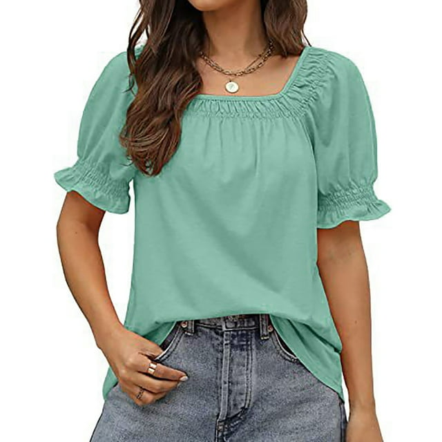 Drppepioner Womens Casual Solid Color Square Neck Short Sleeve Tops Blouses Mint Green M