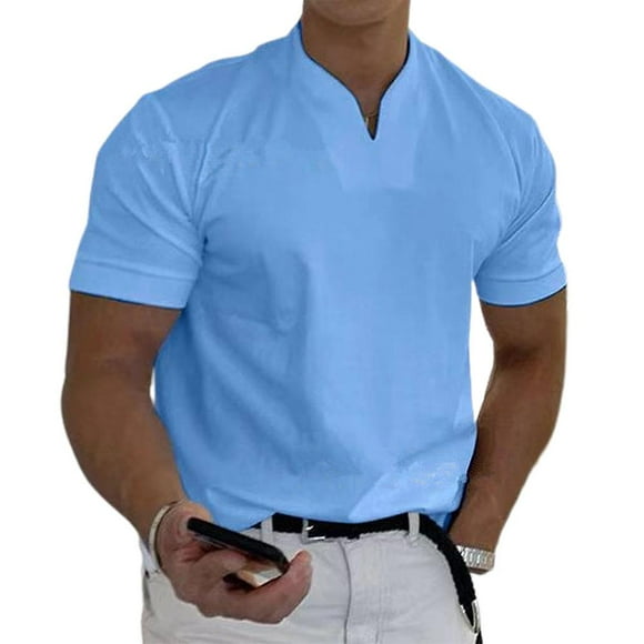 Polo uni décontracté à manches courtes pour hommes, coupe cintrée, col en V, t-shirts hauts