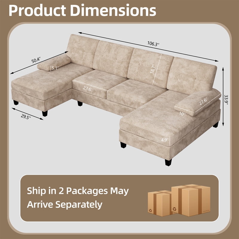 Walsunny Modern U-Shaped Sectional Sleeper Sofa with 4 Deep Seat, Modular Cloud Oversized Sofa Couch with Chenille Fabric & Double Chaise for Apartment, Khaki