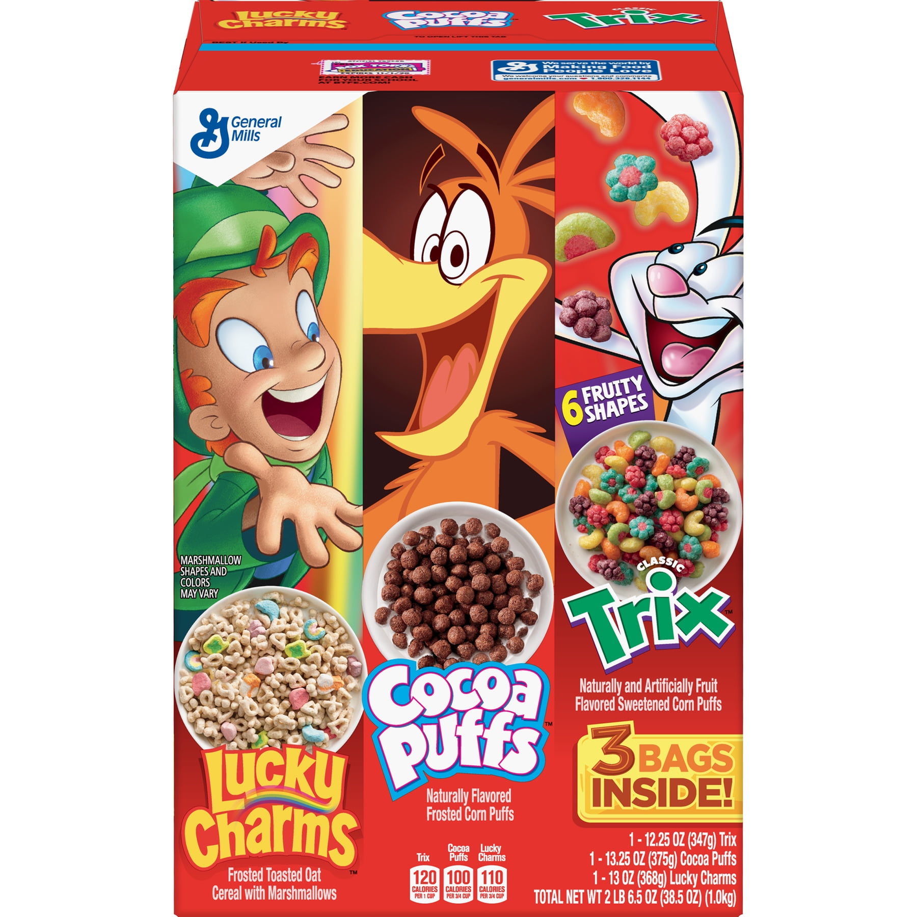 Kid Triple Pack Lucky Charms, Trix, Cocoa Puffs Cereal, 38.5 oz