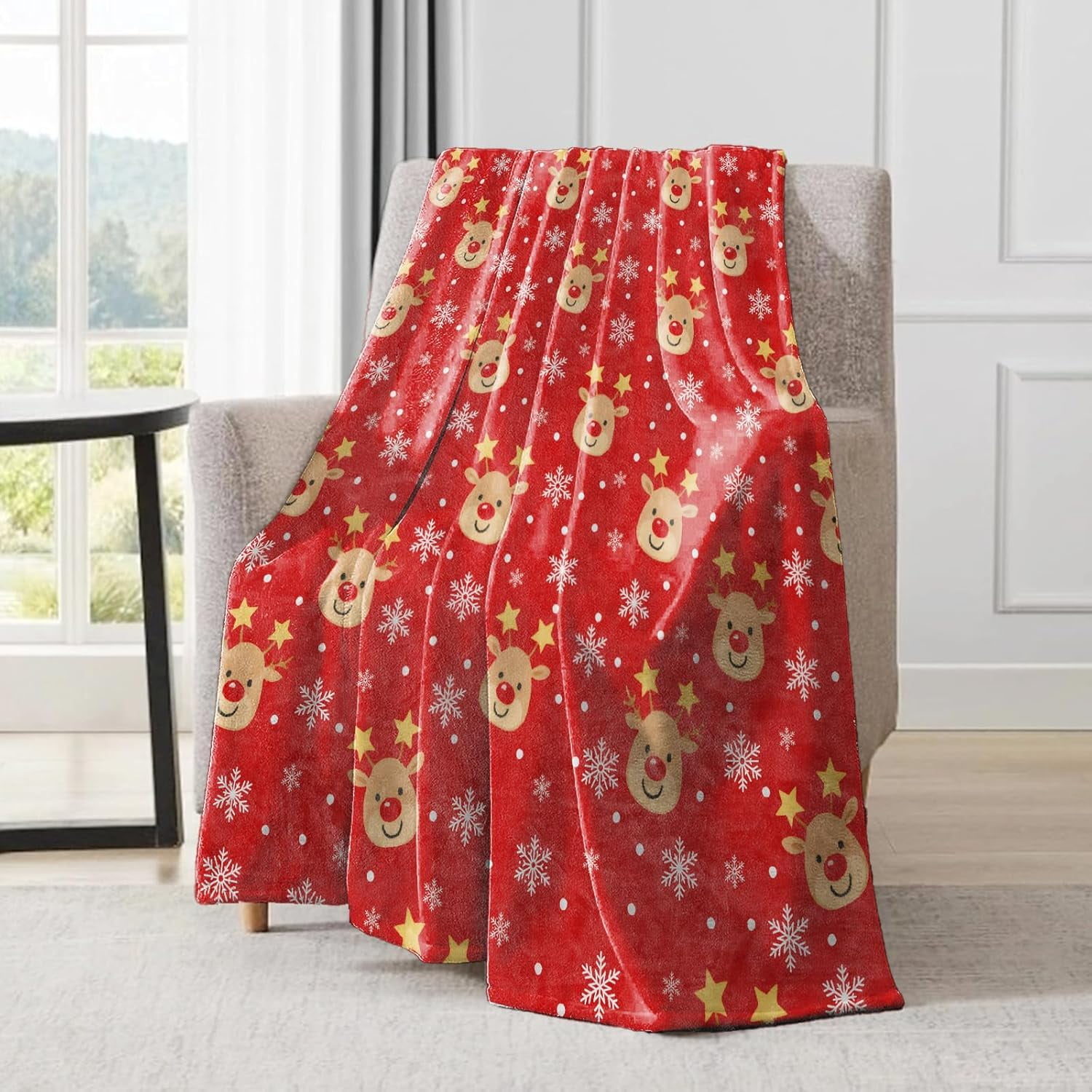 Cute Reindeer Christmas Decorative Blanket, Snowflake Print Decoration, Soft Flannel Winter Red Blankets for Couch Bed Sofa, Holiday Home Decor, Xmas Festival Gifts 60x80 Inch
