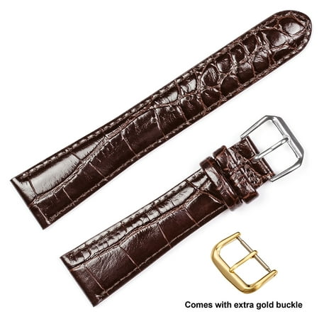 18mm Watch - deBeer brand Crocodile Grain Watch Band (Silver & Gold Buckle) - Brown 18mm