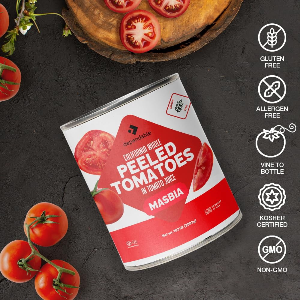 Dependable Food Peeled Tomatoes, Kosher, Gluten Free, & Vegan Canned Peeled Tomatoes, 6.375 lbs Bulk Can