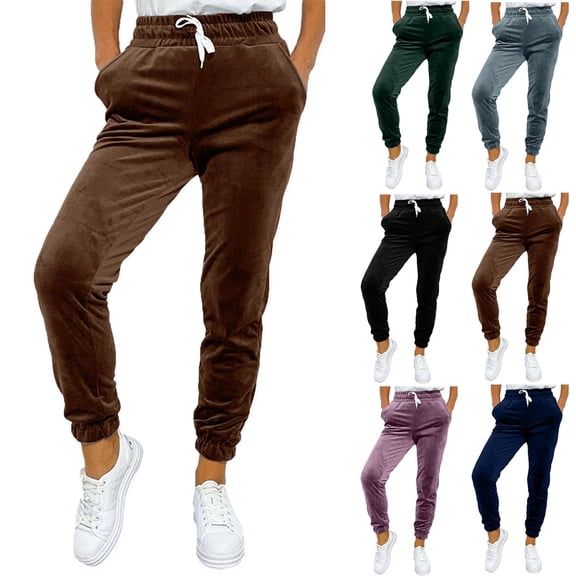 Lovskoo 2024 Women's Velvet Sweatpants Closed Bottom Drawstring Cozy Breathable Casual Sports Pants Gray