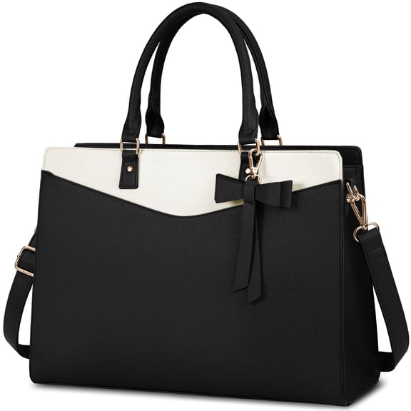 RAINSMORE Laptop Bag for Women 15.6 Inch Laptop Briefcase PU Tote Bag Waterproof Computer Tote Bag for Business Office Work Lightweight Shoulder Handbag,Black/Beige