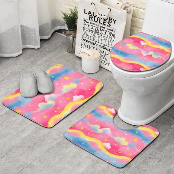 Colorful Cloud Star Pattern Bathroom Rugs Sets 3 Piece,Toilet Cover Set,Absorbent Non Slip Bathroom Mats Sets with U-Shaped Contour Rug Toilet Rug Set