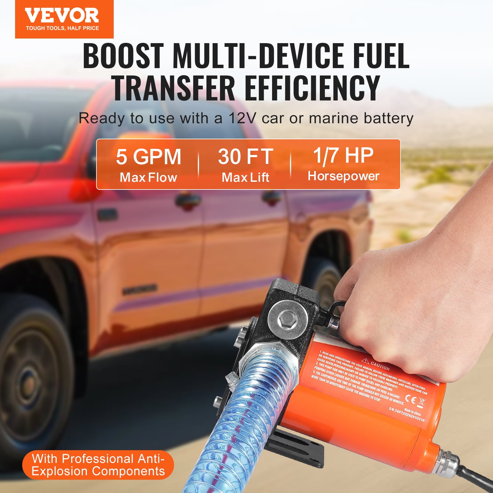 VEVOR Fuel Transfer Pump, 12V DC 5.3 GPM 1/10 HP, Portable Electric Diesel Transfer Pump with Auto Shut-Off Fuel Nozzle, Long Inlet & Outlet Hose for Gasoline, Diesel, Kerosene, Methanol Blends