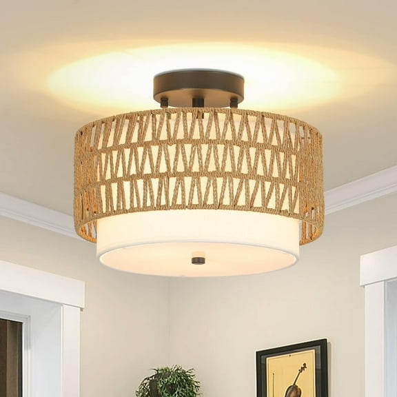 Boho Rattan Ceiling Light: Farmhouse Style, Stylish and Functional,3-Light Semi Flush Mount Ceiling Light Fixture, Farmhouse Drum Light with Fabric Shade