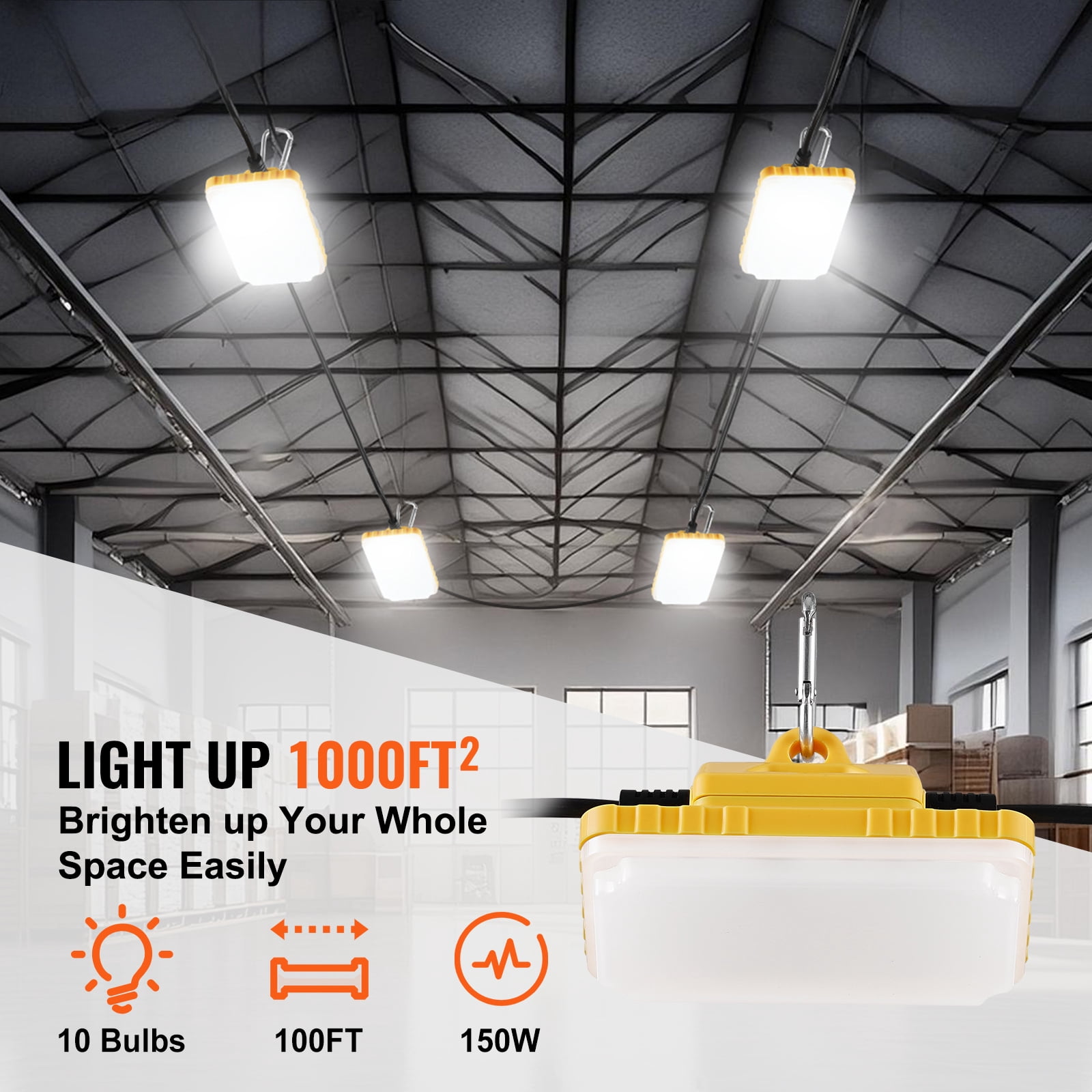 KFFKFF 100FT Building Illumination, 150W 15000LM, Set of 10 Work Lights, 5000-5500K, IP65 Water-Resistant, Includes Suspension Hooks, Suitable for Job Site, Temporary Indoor & Outdoor Lighting