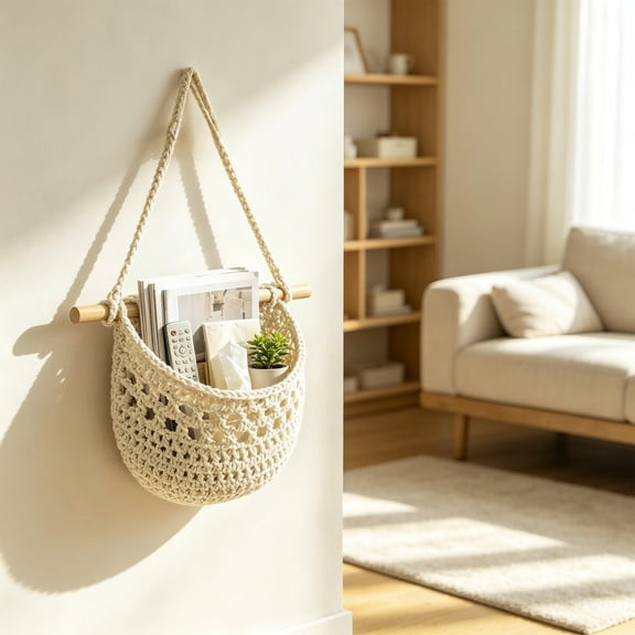 Handmade Macrame Hanging Storage Basket, Cotton Rope Wall Organizer with Wooden Ring, Boho Open Mesh Basket for Bathroom, Kitchen, Bedroom, Living Room and Small Item Home Storage Decor