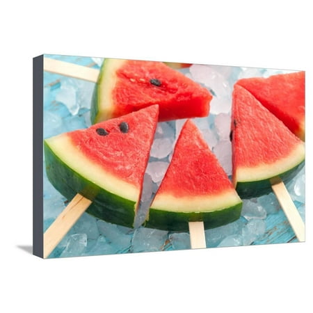 Watermelon Popsicle Raw Food Yummy Fresh Summer Fruit Sweet Dessert on Vintage Old Wood Teak Blue Stretched Canvas Print Wall Art By