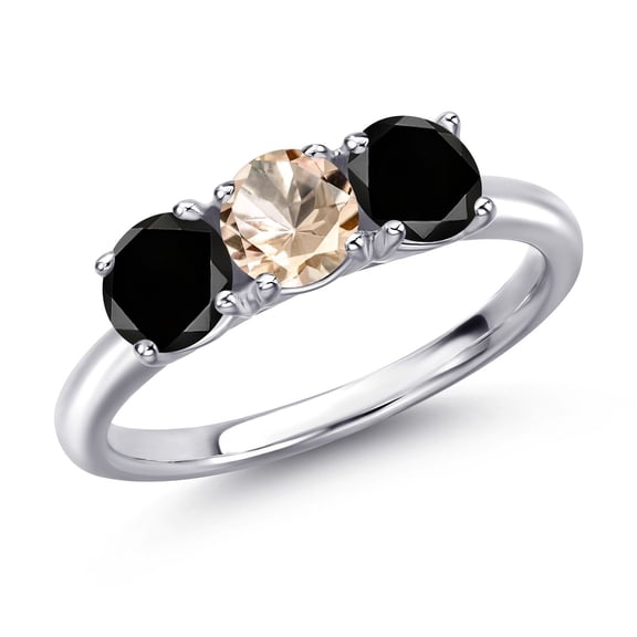 Gem Stone King 925 Sterling Silver Peach Morganite and Black Diamond Engagement Ring for Women | 1.50 Cttw | Round 5MM | Gemstone October Birthstone | Size 7